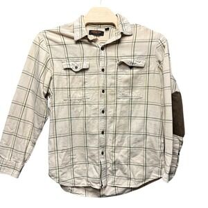 Ridgecut Toughwear Mens Large Plaid Canvas Shirt Elbow Patches Cream Green L
